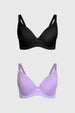 Bipack de sostenes mujer lila y negro con diseño liso y pequeño lazo al centro para un toque sutil y elegante