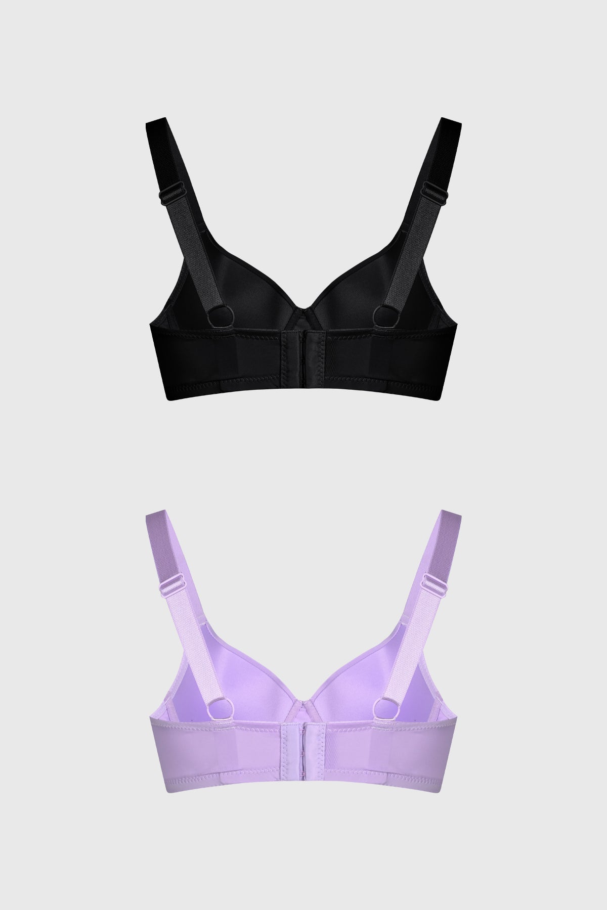 Bipack de sostenes mujer lila y negro con diseño liso y pequeño lazo al centro para un toque sutil y elegante