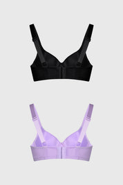 Bipack de sostenes mujer lila y negro con diseño liso y pequeño lazo al centro para un toque sutil y elegante