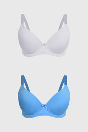 Bipack de sostenes mujer liso azul uno en blanco otro en azul con pequeño lazo central y tirantes ajustables