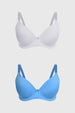 Bipack de sostenes mujer liso azul uno en blanco otro en azul con pequeño lazo central y tirantes ajustables
