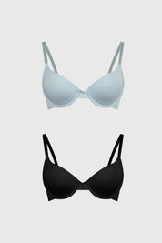 Bipack de sostenes mujer en azul claro y negro diseño liso tirantes ajustables estilo clásico y cómodo