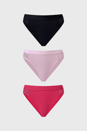 Tripack de calzones bikini en palo rosa negro y fucsia lisos sin estampas con cintura elástica y diseño clásico