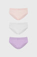 Tripack de pantaletas lisas en palo rosa blanco y lila con lazo pequeño en el centro diseño simple y elegante
