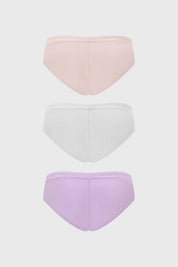 Tripack de pantaletas lisas en palo rosa blanco y lila con lazo pequeño en el centro diseño simple y elegante