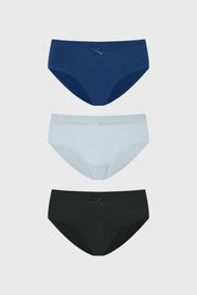 Tripack de calzones mujer pantaleta azul claro en algodón y spandex con moño decorativo central diseño liso