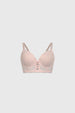 Sostén copa soft palo rosa con detalle macramé floral en encaje transparente frontal diseño romántico