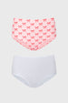 Bipack de pantaletas tiro alto en rojo con estampado de lazos en todo el frente y diseño liso en la otra prenda