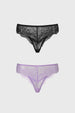 Bipack de calzones bikini en encaje lila con delicado lazo frontal sin estampa visible elegante y femenino