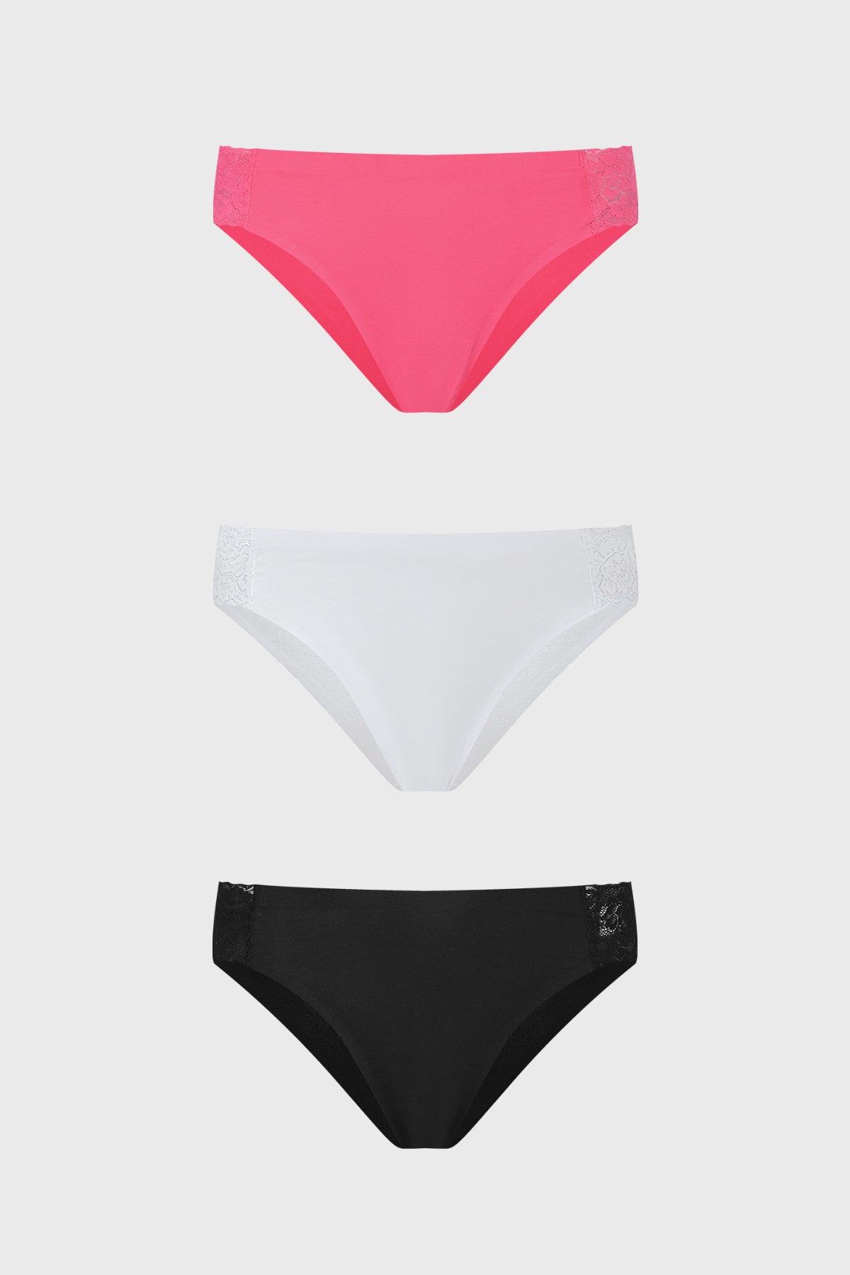 Calzón tripack mujer fucsia con detalles de encaje en los costados en colores fucsia blanco y negro