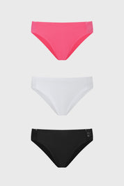 Calzón tripack mujer fucsia con detalles de encaje en los costados en colores fucsia blanco y negro