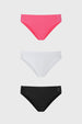 Calzón tripack mujer fucsia con detalles de encaje en los costados en colores fucsia blanco y negro