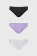 Calzón tripack mujer lila con detalle de encaje en costados colores negro lila y blanco diseño liso elegante