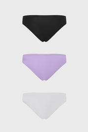 Calzón tripack mujer lila con detalle de encaje en costados colores negro lila y blanco diseño liso elegante