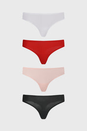 Pack de cuatro calzones colaless en palo rosa blanco rojo y negro lisos sin estampas