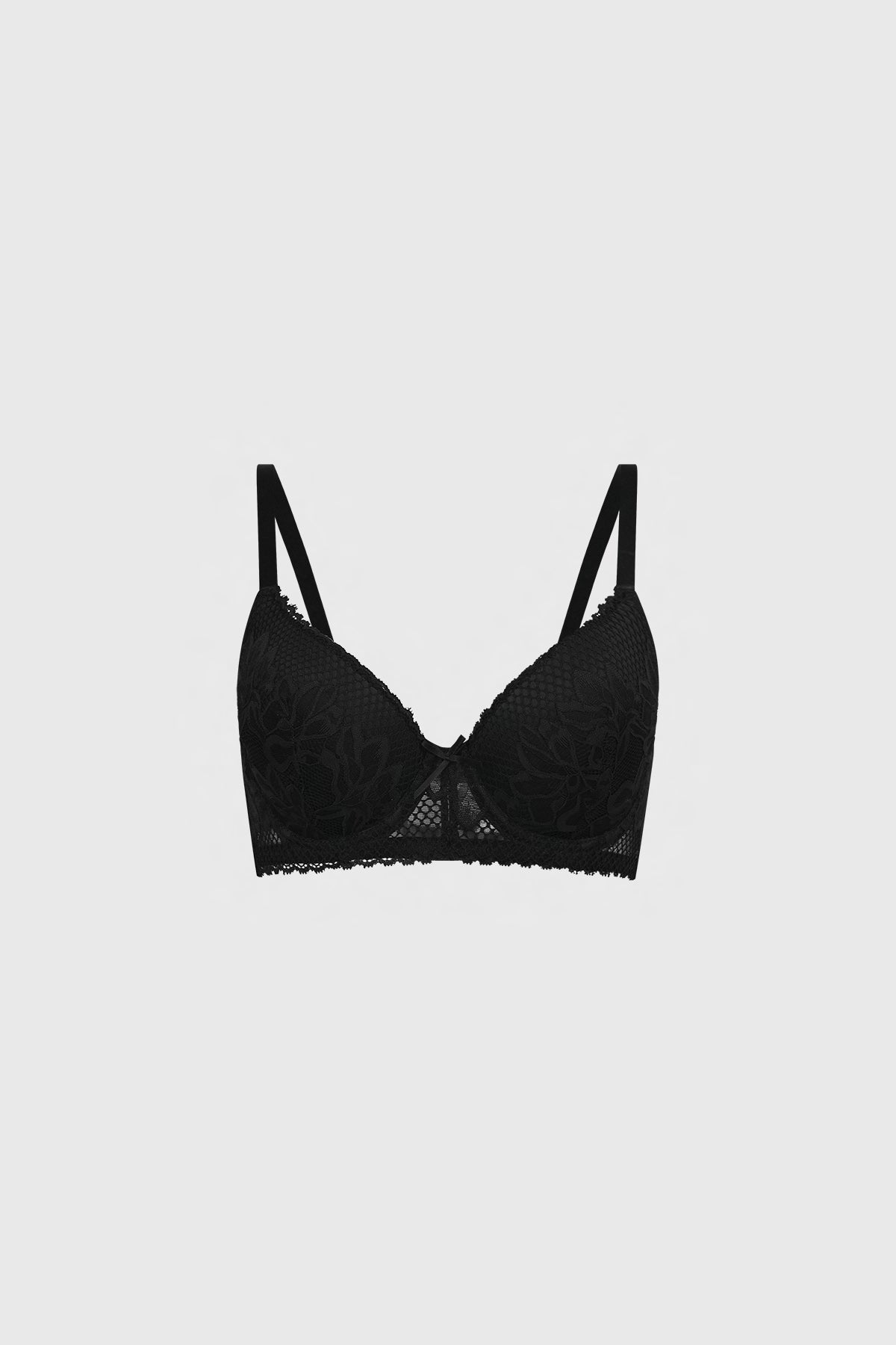 Sostén push up negro con detalle de encaje floral en copas estilo elegante y sofisticado sin estampa adicional