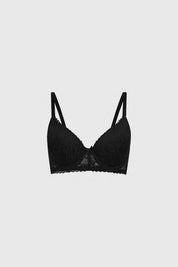 Sostén push up negro con detalle de encaje floral en copas estilo elegante y sofisticado sin estampa adicional