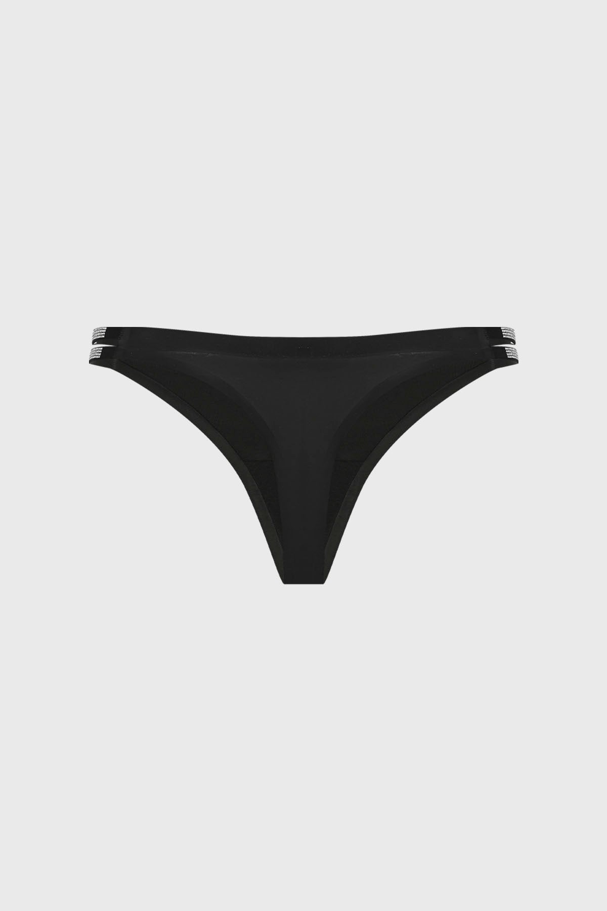 Calzón colaless negro con doble tira lateral y detalle de strass pequeño estilo minimalista prenda lisa