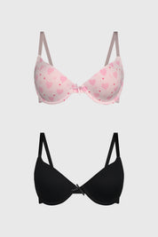 Bipack de sostenes mujer en palo rosa y negro uno con corazones rosados en estampado pequeño y otro liso ambos con tirantes ajustables