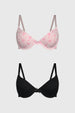 Bipack de sostenes mujer en palo rosa y negro uno con corazones rosados en estampado pequeño y otro liso ambos con tirantes ajustables