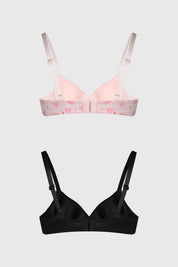 Bipack de sostenes mujer en palo rosa y negro uno con corazones rosados en estampado pequeño y otro liso ambos con tirantes ajustables