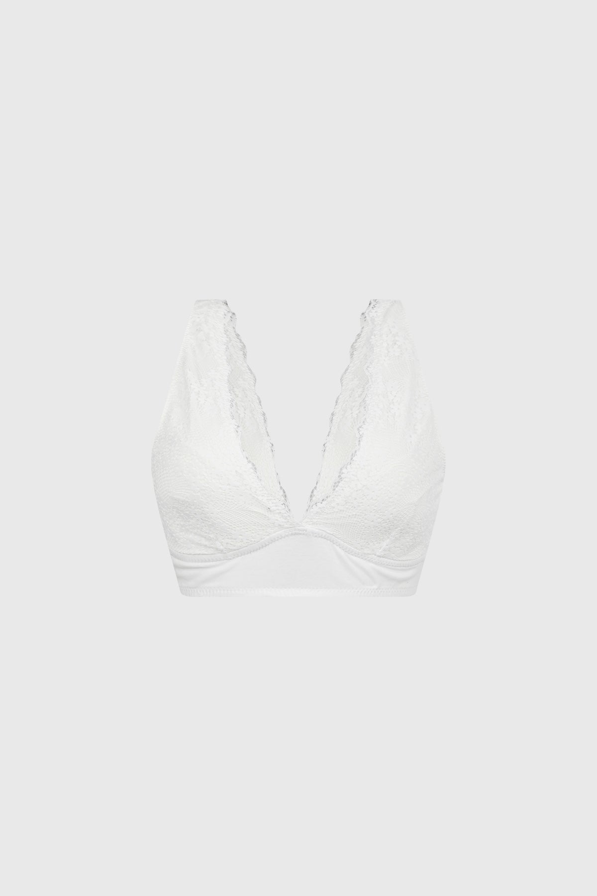 Sostén tipo bralette blanco con encaje en escote y copa de cobertura completa diseño liso elegante y delicado