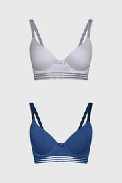 Sostén azul marino para mujer con copa soft y detalle de elástico a rayas en la base lisa y moderna