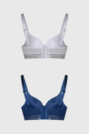Sostén azul marino para mujer con copa soft y detalle de elástico a rayas en la base lisa y moderna