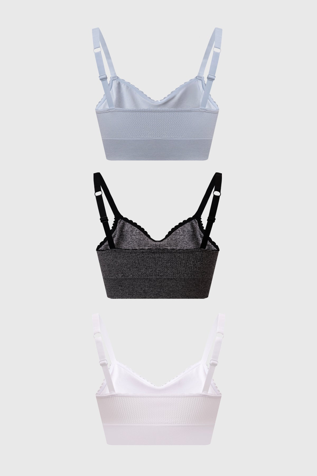 Tripack de sostenes juveniles en azul claro gris y blanco con diseño recogido sin estampa visibles ideales para el día a día