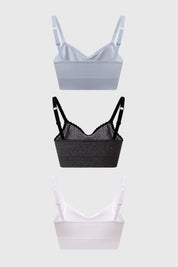 Tripack de sostenes juveniles en azul claro gris y blanco con diseño recogido sin estampa visibles ideales para el día a día