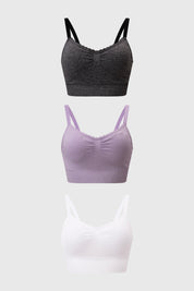 Tripack de sostenes juveniles en lila gris y blanco sin estampas con tirantes finos y detalle fruncido al centro