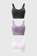 Tripack de sostenes juveniles en lila gris y blanco sin estampas con tirantes finos y detalle fruncido al centro