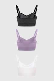 Tripack de sostenes juveniles en lila gris y blanco sin estampas con tirantes finos y detalle fruncido al centro