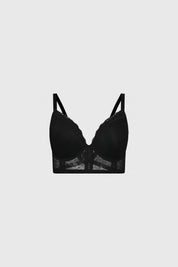 Sostén negro con detalle de encaje en borde superior y transparencias en la base sin estampa diseño elegante y sofisticado