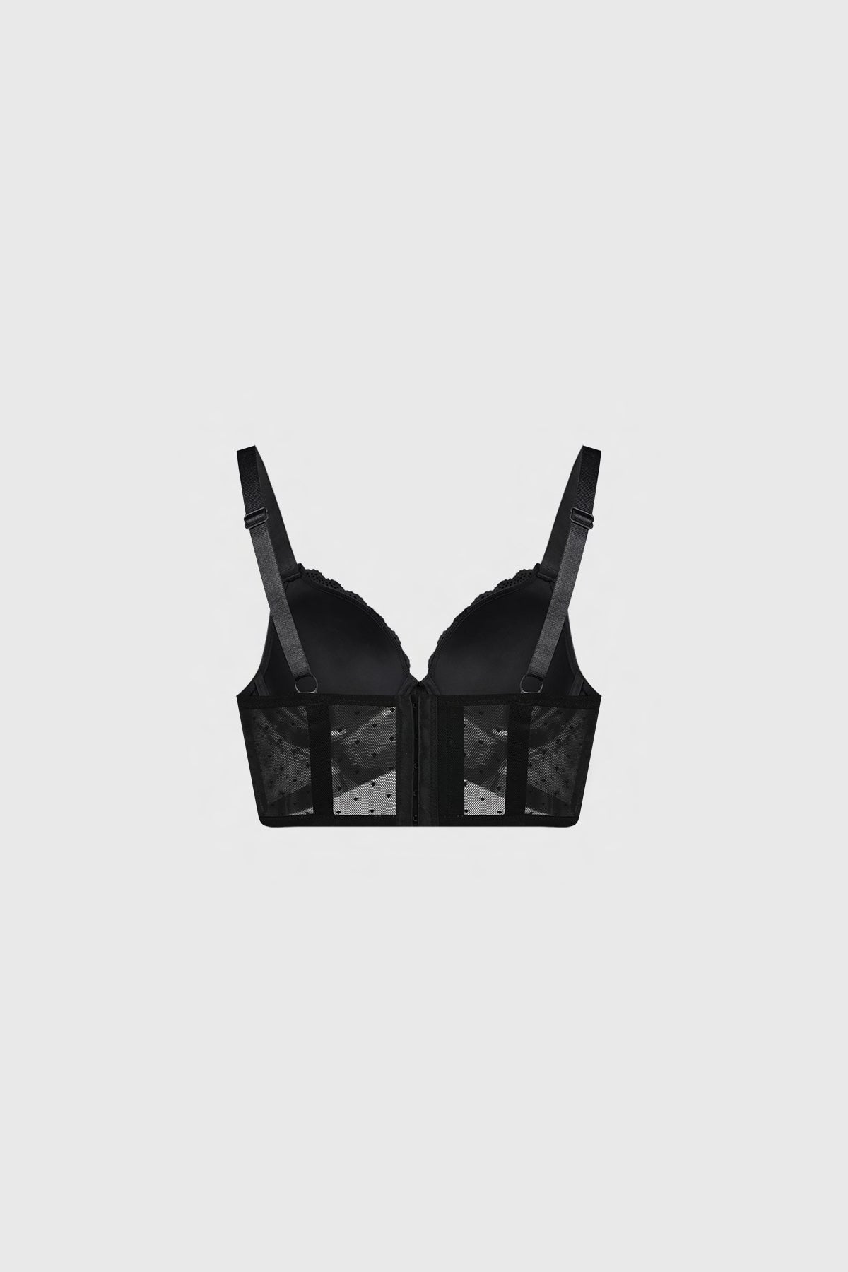 Sostén negro con detalle de encaje en borde superior y transparencias en la base sin estampa diseño elegante y sofisticado
