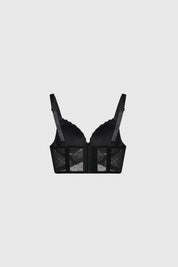 Sostén negro con detalle de encaje en borde superior y transparencias en la base sin estampa diseño elegante y sofisticado