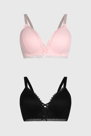 Bipack de sostenes en palo rosa y negro con detalles de encaje y lazo frontal diseño delicado y femenino sin estampa lisa