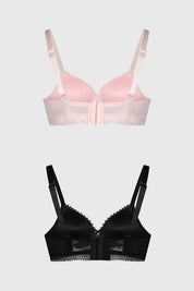 Bipack de sostenes en palo rosa y negro con detalles de encaje y lazo frontal diseño delicado y femenino sin estampa lisa