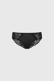 Calzón bikini negro con encaje floral en laterales y borde inferior diseño elegante y femenino