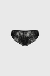 Calzón bikini negro con encaje floral en laterales y borde inferior diseño elegante y femenino