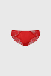 Calzón bikini rojo con encaje floral en laterales y cintura lisa elegante
