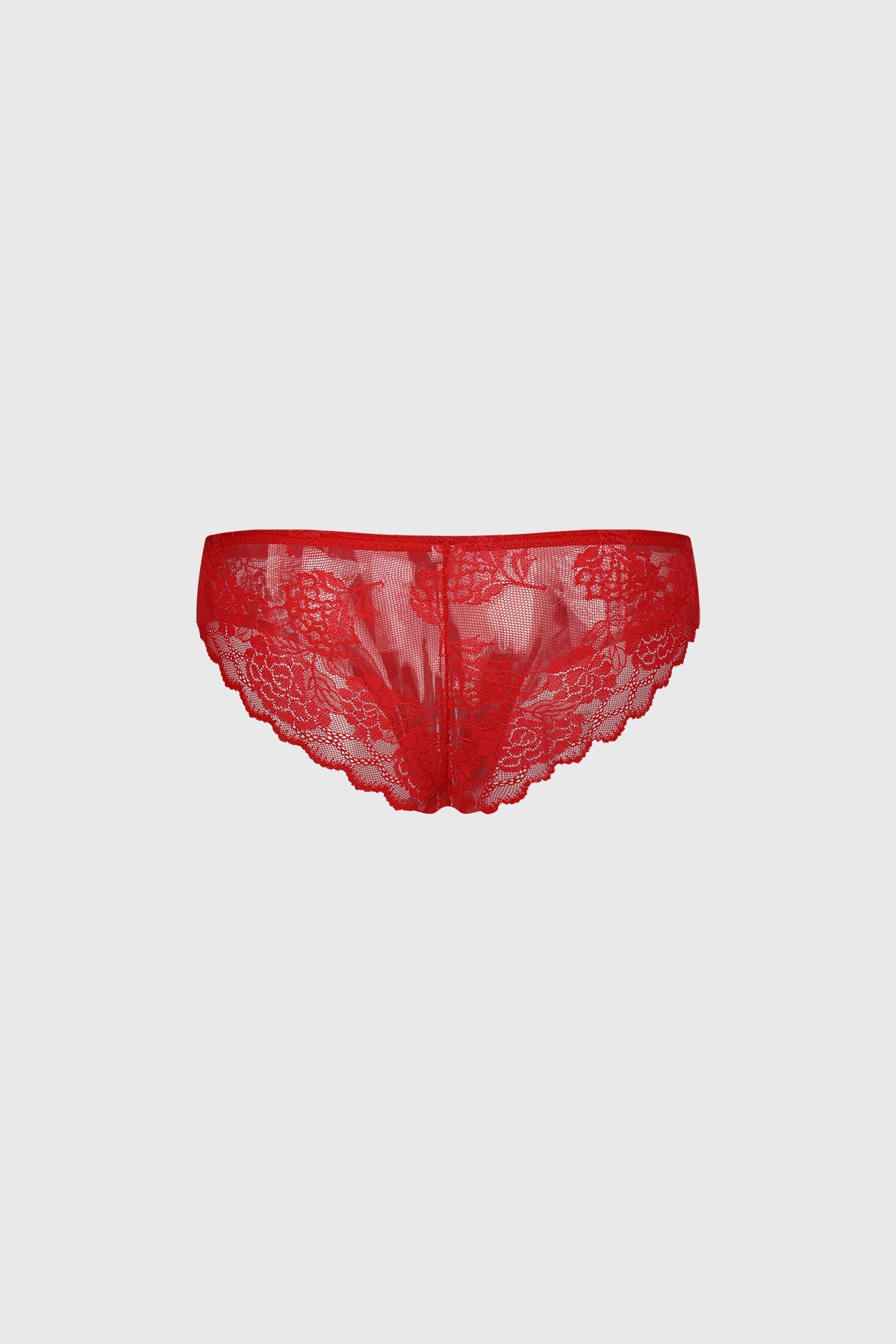 Calzón bikini rojo con encaje floral en laterales y cintura lisa elegante