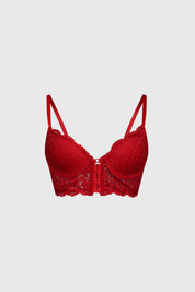 Sostén corset rojo con detalle de cruce en el centro y encaje floral cubriendo las copas y banda inferior lisa