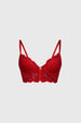 Sostén corset rojo con detalle de cruce en el centro y encaje floral cubriendo las copas y banda inferior lisa