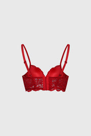 Sostén corset rojo con detalle de cruce en el centro y encaje floral cubriendo las copas y banda inferior lisa