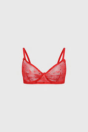 Sostén mujer rojo copa soft con encaje floral en toda la superficie y pequeños lazos decorativos en tirantes