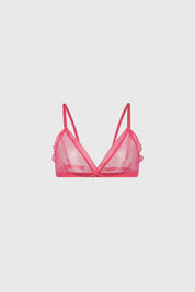 Sostén mujer fucsia con copa soft y detalles de volantes laterales estilo romántico liso sin estampa visible