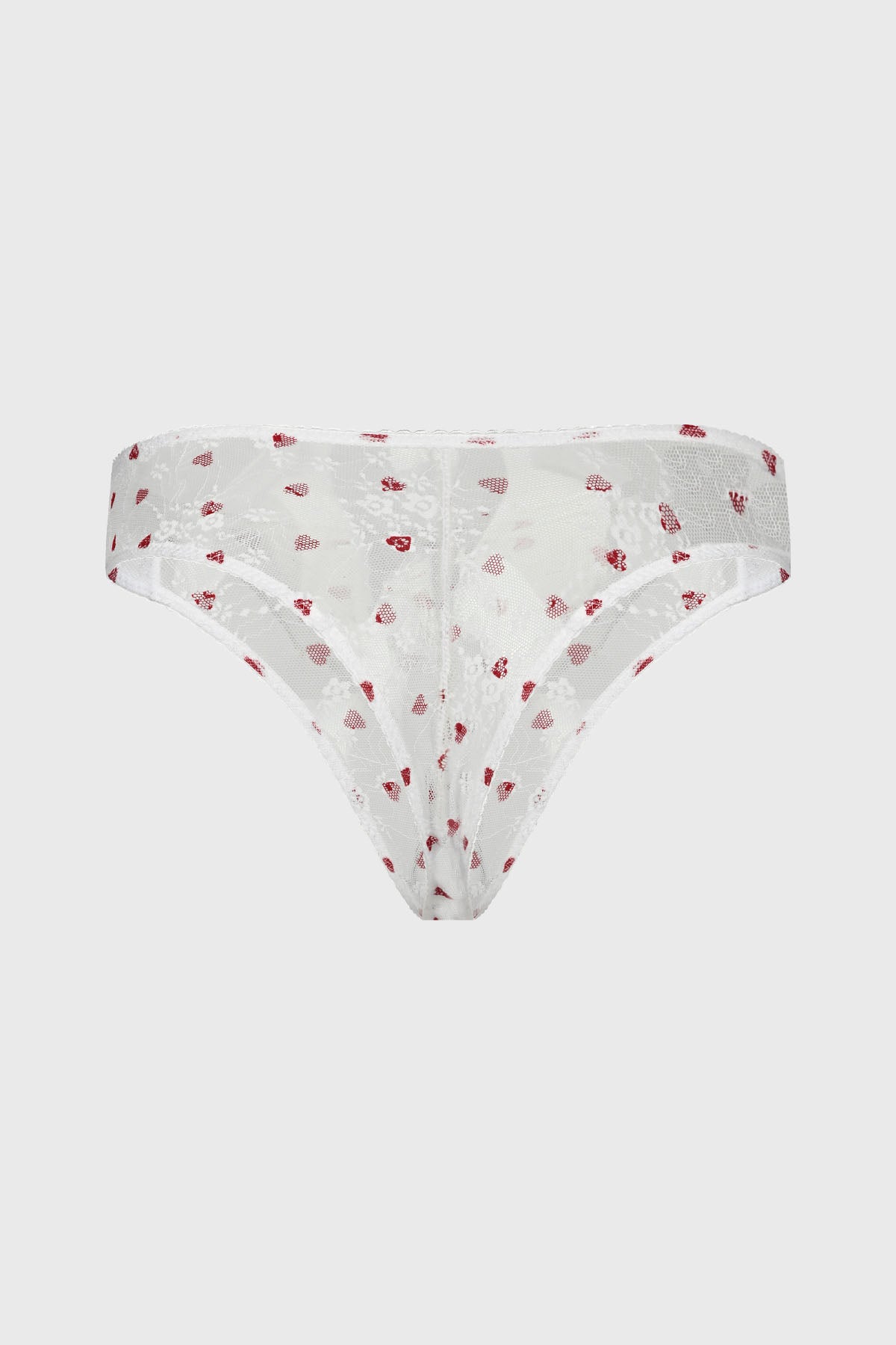 Calzón colaless blanco con estampado de corazones rojos pequeños distribuidos por toda la tela estilo delicado