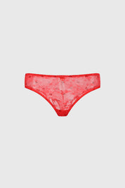 Calzón colaless rojo con encaje floral transparente diseño delicado y elegante sin estampa visible