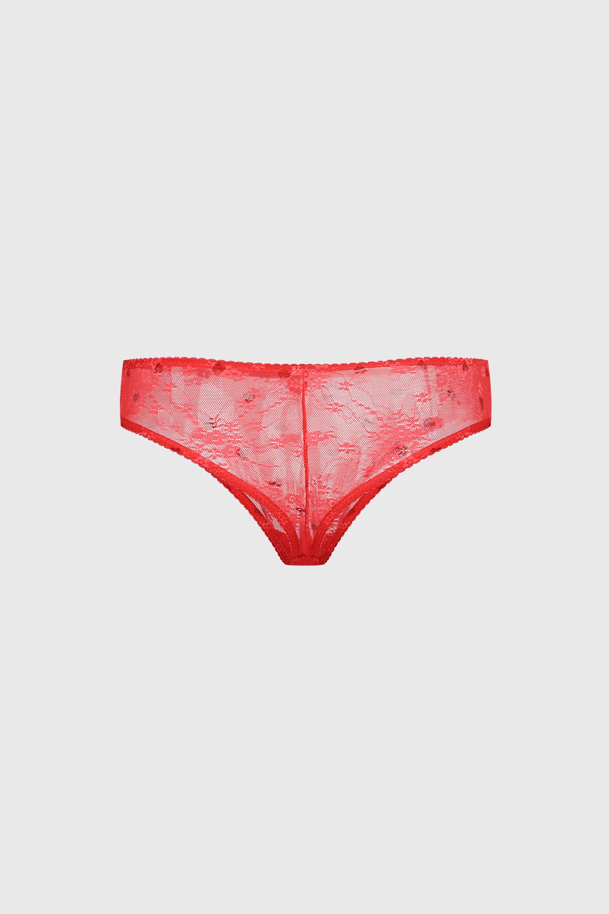 Calzón colaless rojo con encaje floral transparente diseño delicado y elegante sin estampa visible